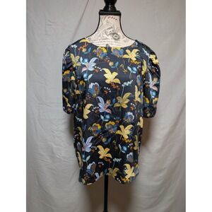 LOFT Women's Navy Multicolor Floral‎ Print Blouse Puff Sleeves Size Large Petite